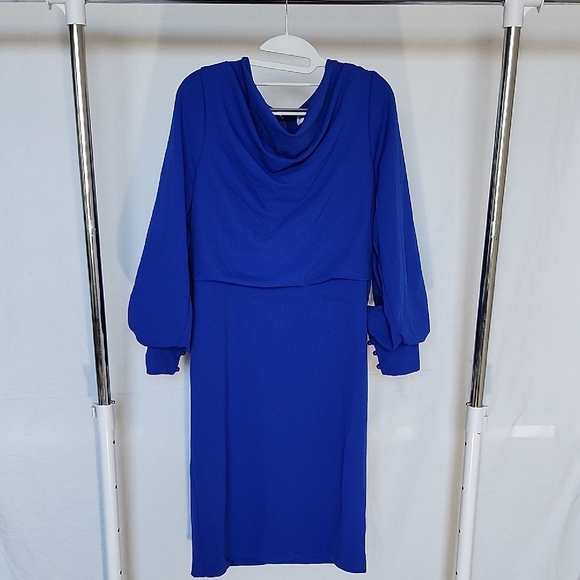 Shelby & Palmer Dresses & Skirts - Shelby Palmer Vibrant Blue Cowl Neck Dress NWT Size 10 Wedding Guest Long Sleeve
